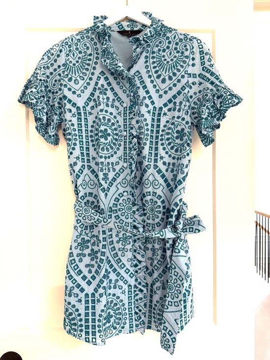 Abbey Glass Dresses & Skirts - Teal Eyelet Ruffle Mini Dress with Self-Tie Waist